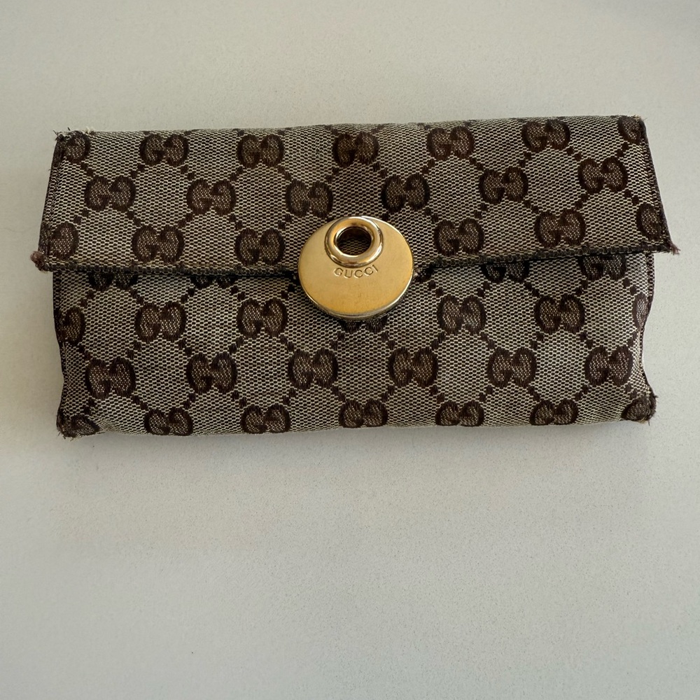 Gucci Brown Monogram Wristlet with Gold Accent